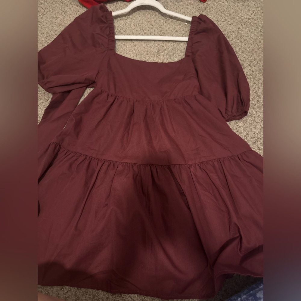 Puff Sleeve Tiered Dress - Burgundy
